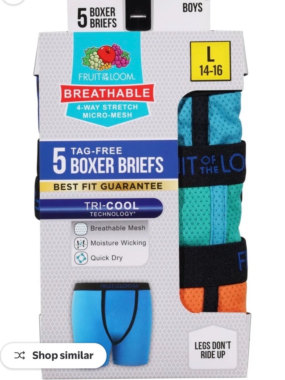 Youth Boys Fruit of the Loom micro-mesh 5 prBoxer Briefs Size Large 14-16 BNIB